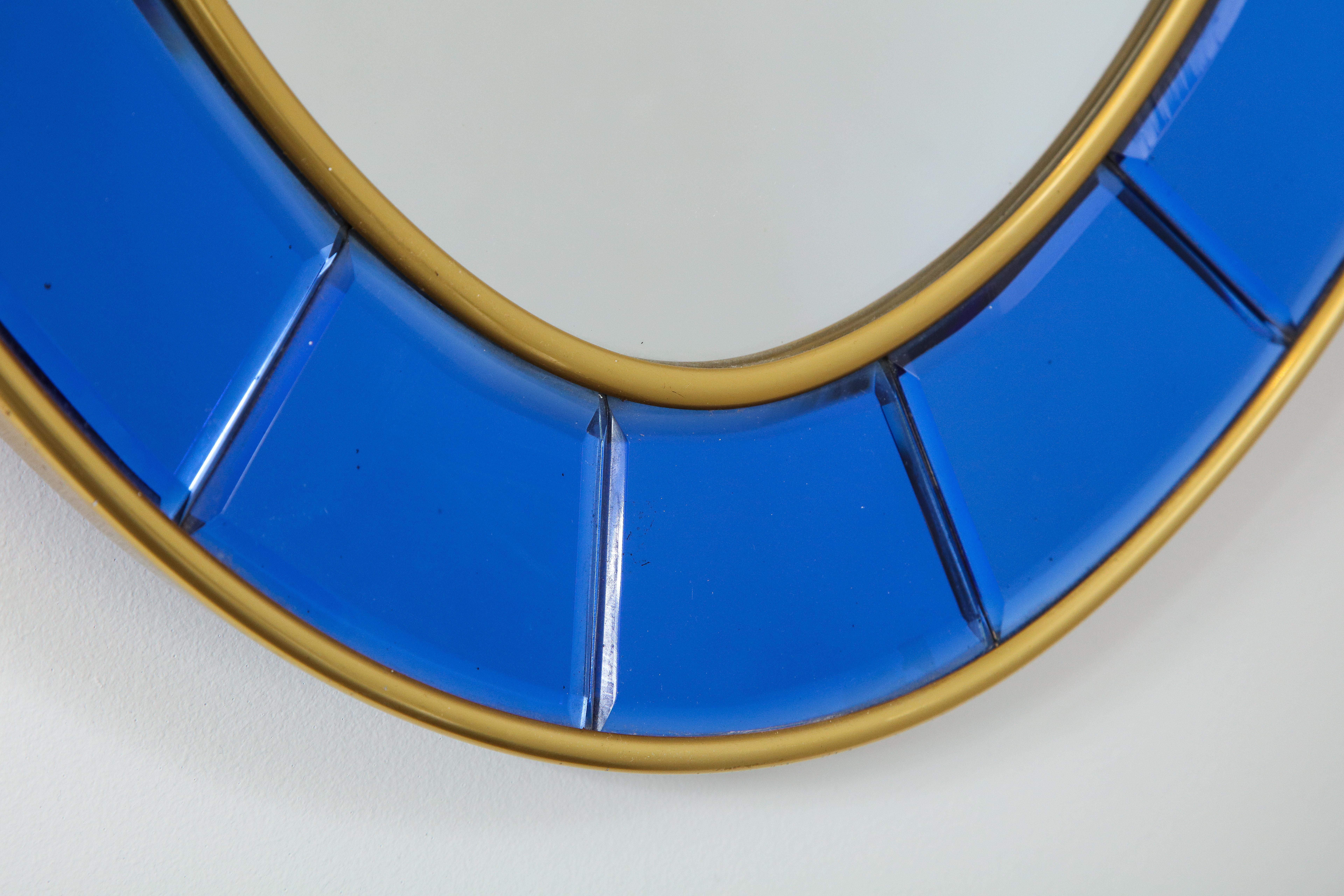 Mid-Century Modern Cristal Art Oval Blue Hand-Cut Beveled Glass Mirror For Sale