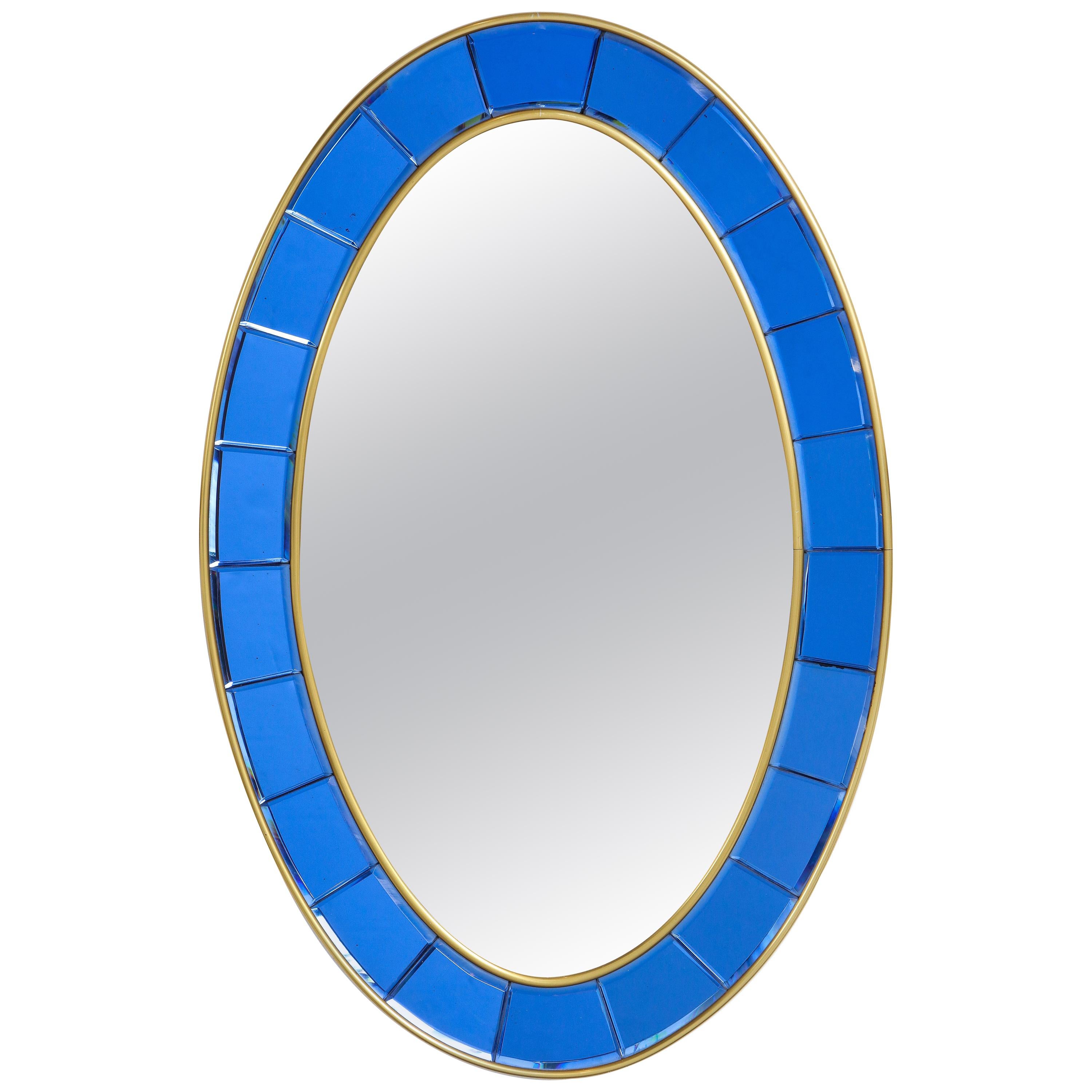 Cristal Art Oval Blue Hand-Cut Beveled Glass Mirror For Sale