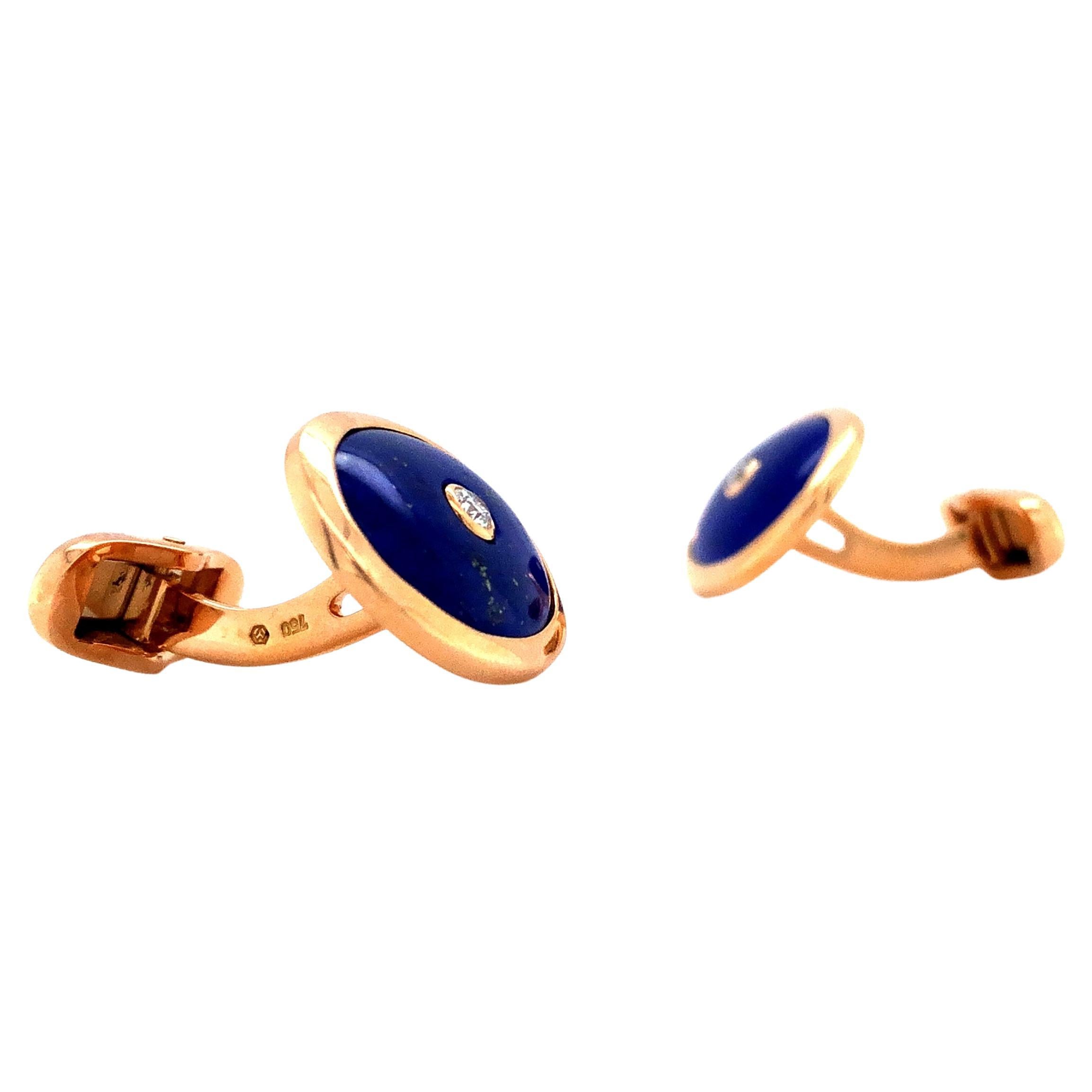 Oval Cufflinks, 18k Rose Gold, Lapis Lazuli, 2 Diamonds Total 0.12 Ct H VS In New Condition For Sale In Pforzheim, DE