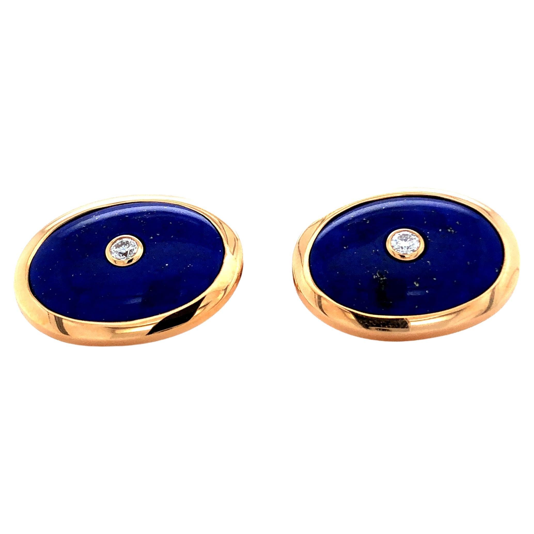 Oval Cufflinks, 18k Rose Gold, Lapis Lazuli, 2 Diamonds Total 0.12 Ct H VS For Sale