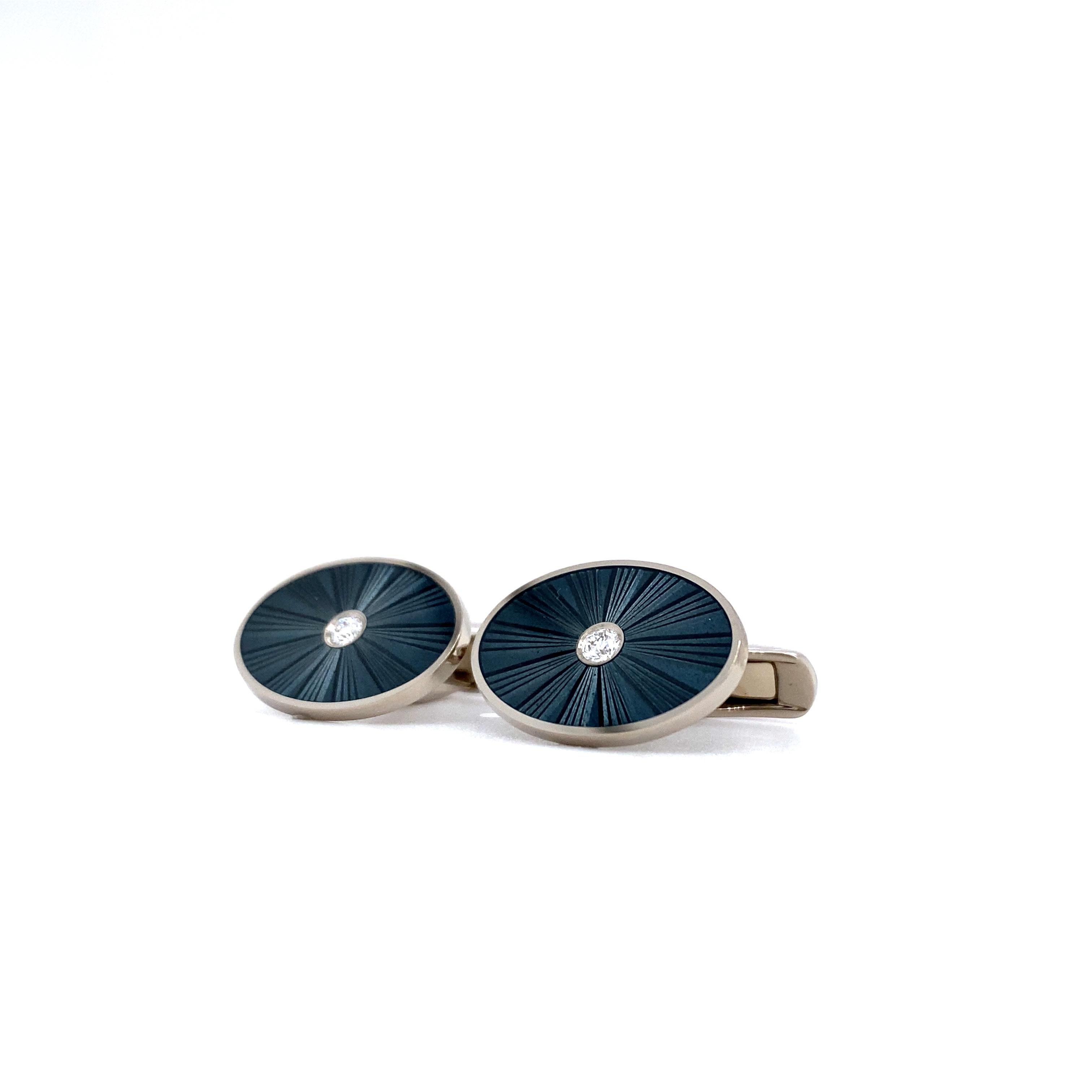 Ovale Manschettenknöpfe – 18 Karat Weißgold – graue Emaille – 2 Diamanten insgesamt 0,12 Karat G VS im Angebot 1