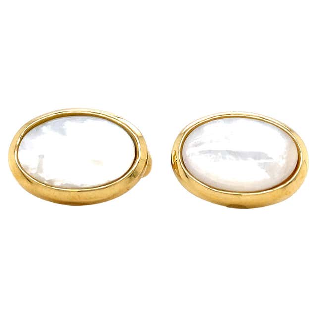 18 Yellow Gold Mother-of-Pearl with Sapphires Cufflinks For Sale at 1stDibs