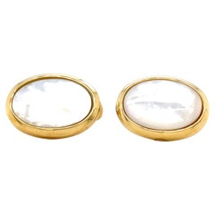 Boutons de manchette ovales en or jaune 18 carats avec incrustations de nacre blanche - 12,2 x 16,5 mm