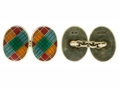 Oval Cufflinks in Patterned Colored Enamel over Silver Gilt, English Dated 1992