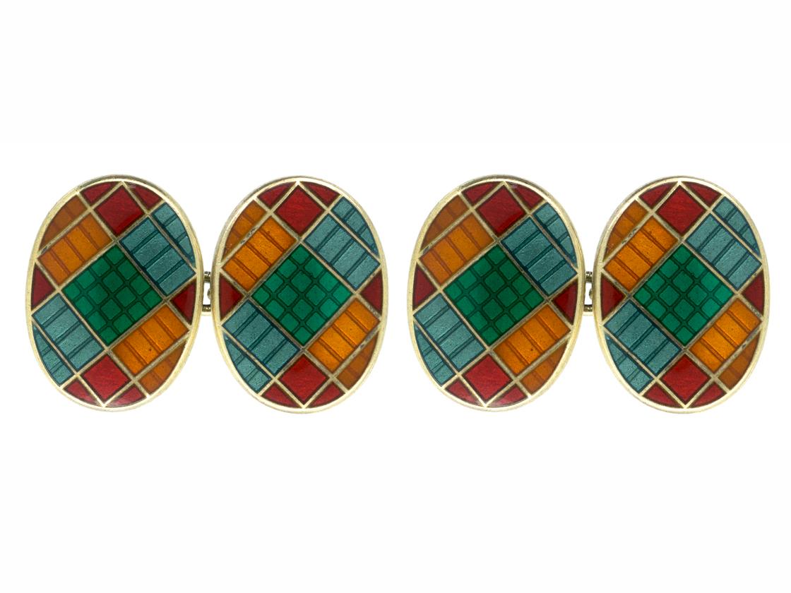 Contemporary Oval Cufflinks in Patterned Colored Enamel over Silver Gilt, English Dated 1992 For Sale