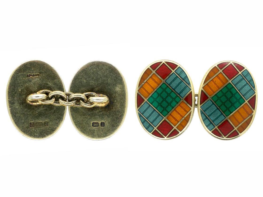 Oval Cufflinks in Patterned Colored Enamel over Silver Gilt, English Dated 1992 In Good Condition For Sale In London, GB