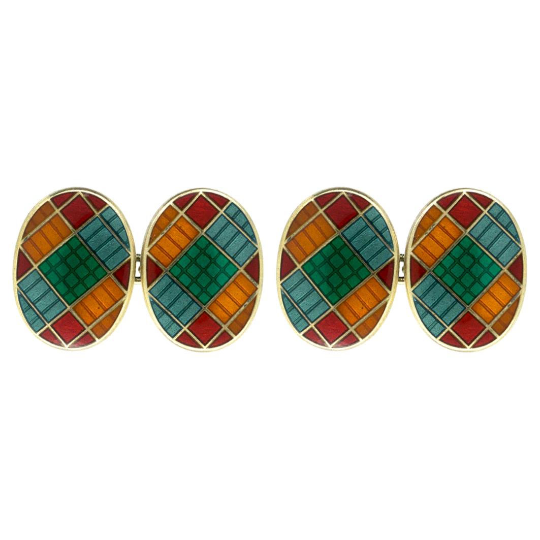 Oval Cufflinks in Patterned Colored Enamel over Silver Gilt, English Dated 1992 For Sale