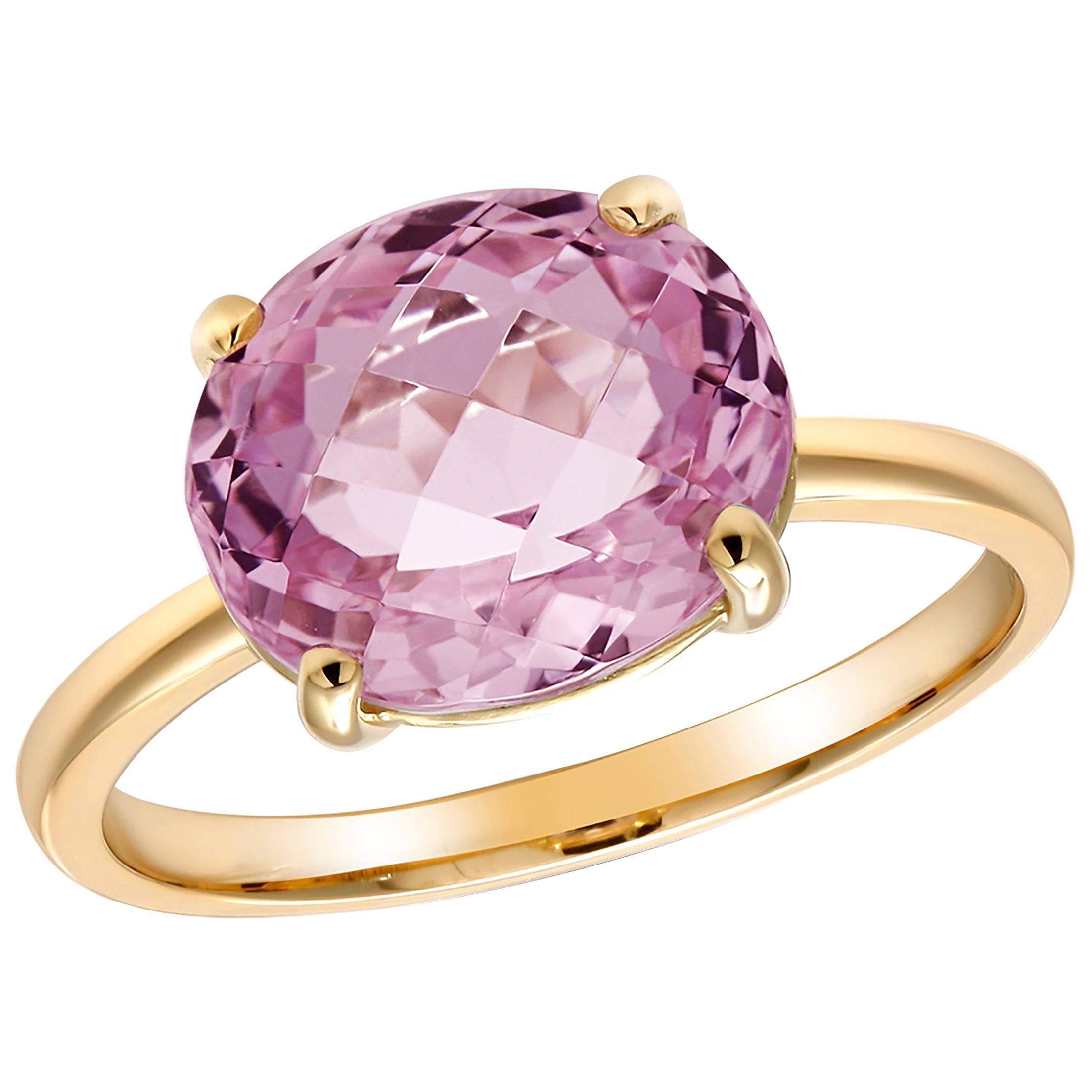 Eighteen karat yellow gold cocktail ring
Kunzite weighing 3.79 carat                                                                       
Ring size 6 In Stock
Ring can be resized 
New Ring
Handmade in USA
One of a kind ring 
Our design team select