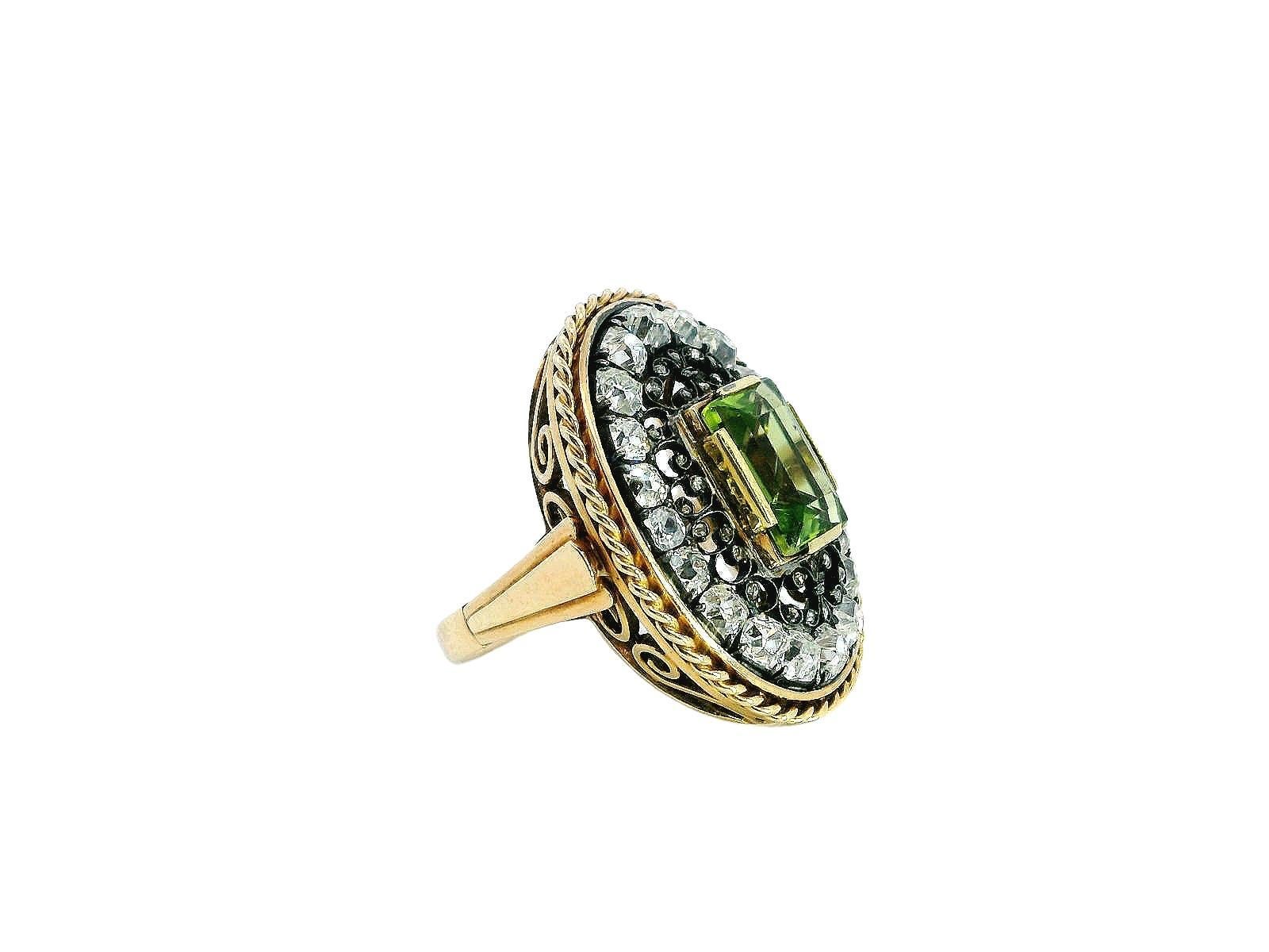 Emerald Cut Oval Cushion Peridot Ring with Diamond in Silver Filigree. For Sale