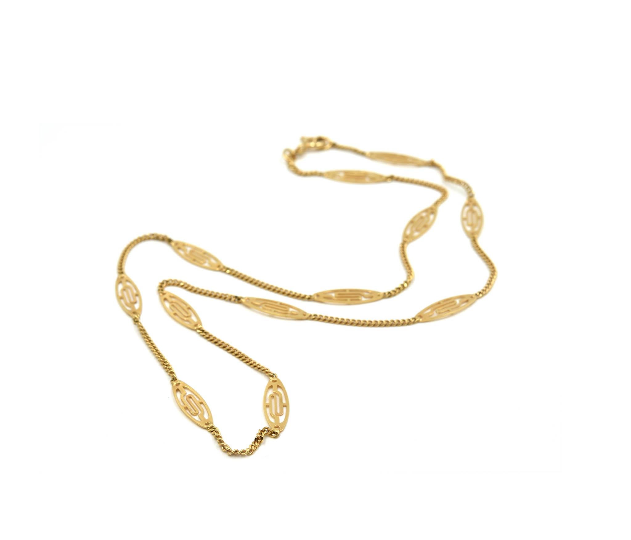 Designer: custom design
Material: 14k yellow gold
Dimensions: necklace measures 18-inch long and 1/4-inch wide
Weight: 5.30 grams
