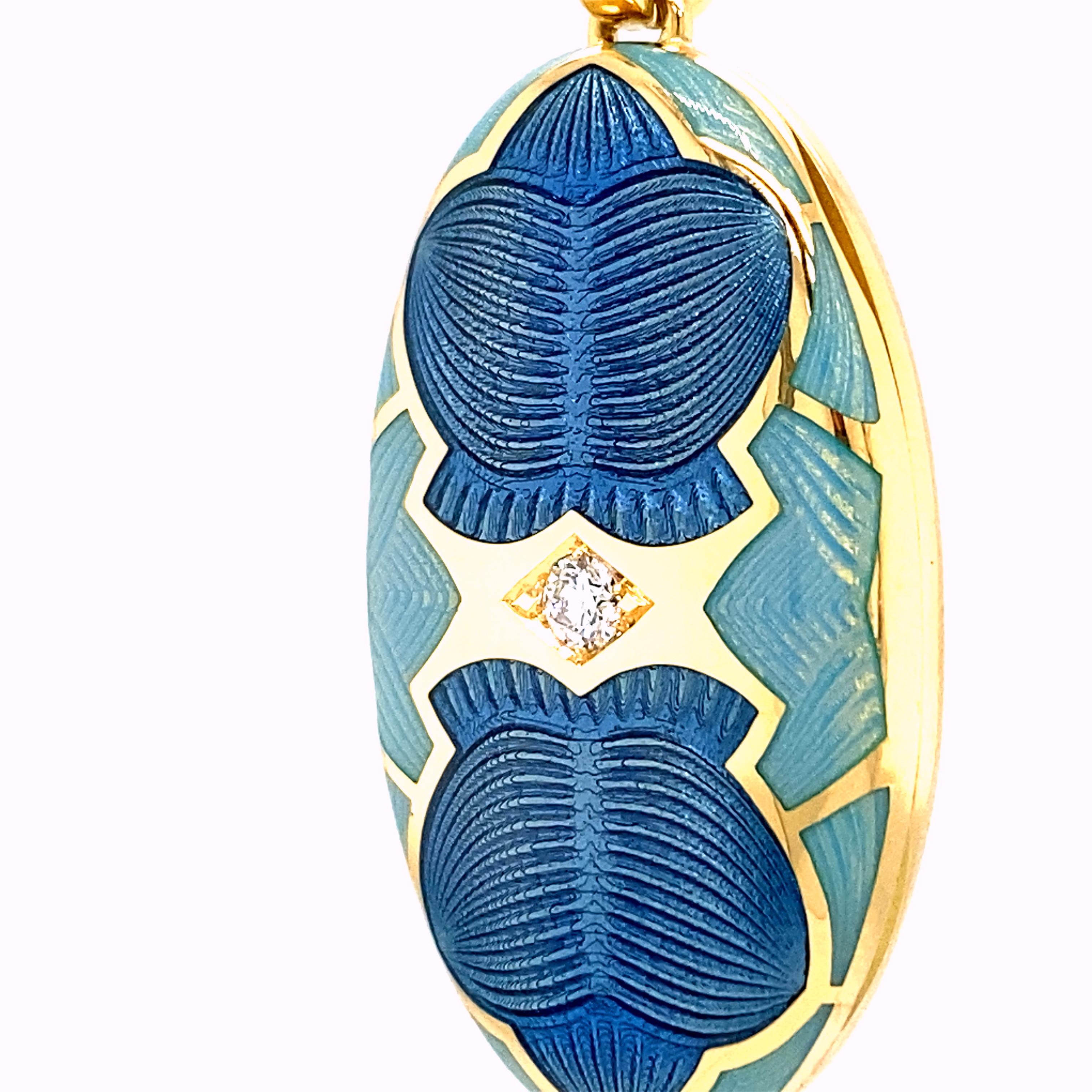 Pendentif médaillon ovale sur mesure en or jaune 18 carats, émail bleu/turquoise et 1 diamant 0,1 carat en vente 4