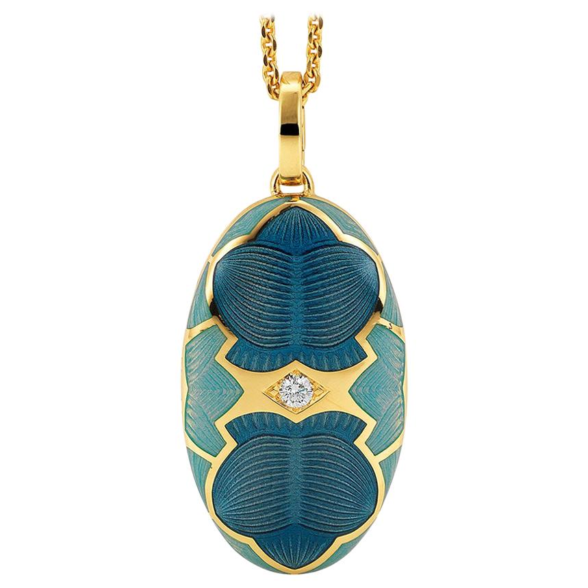 Pendentif médaillon ovale sur mesure en or jaune 18 carats, émail bleu/turquoise et 1 diamant 0,1 carat en vente