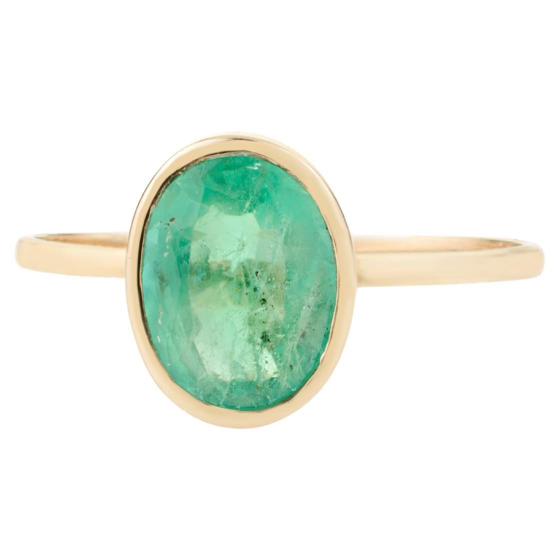 Oval Cut 1 CTW Natural Zambian Emerald Solitaire Unisex Ring in 14K Yellow Gold