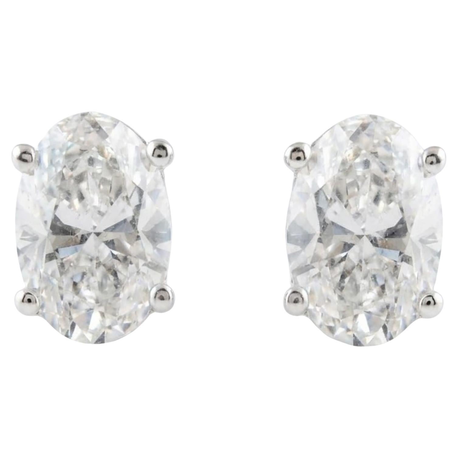 1 Carat Natural Diamond Oval Pavé Halo Solitaire Stud Earrings 14K White Gold