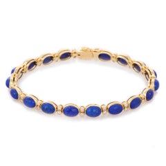 Oval Cut 17.45 Ct Lapis and Diamond Tennis Bracelet in 18K Yellow Gold