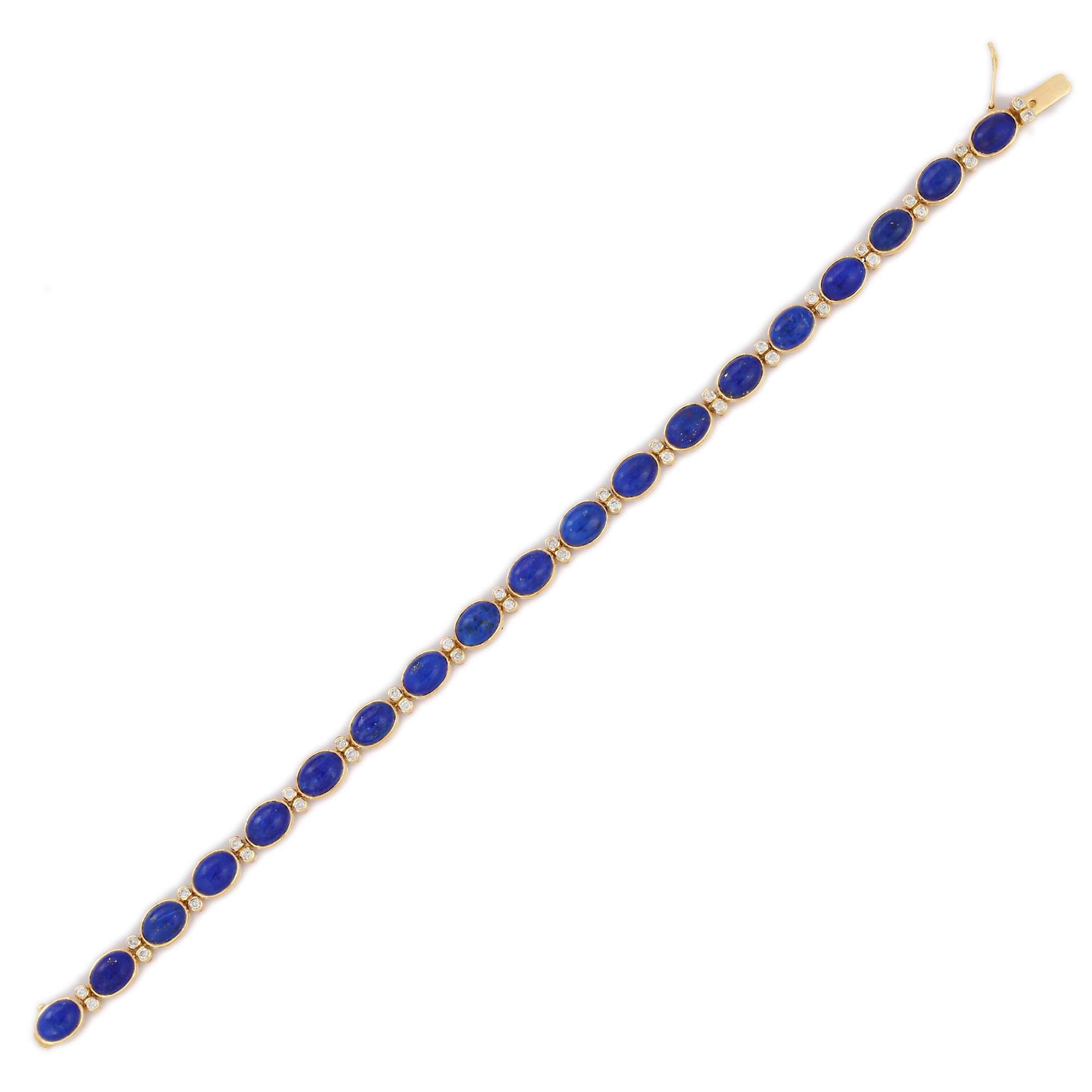 Contemporary Oval Cut 17.45 Ct Lapis and Diamond Tennis Bracelet in 18K Yellow Gold For Sale