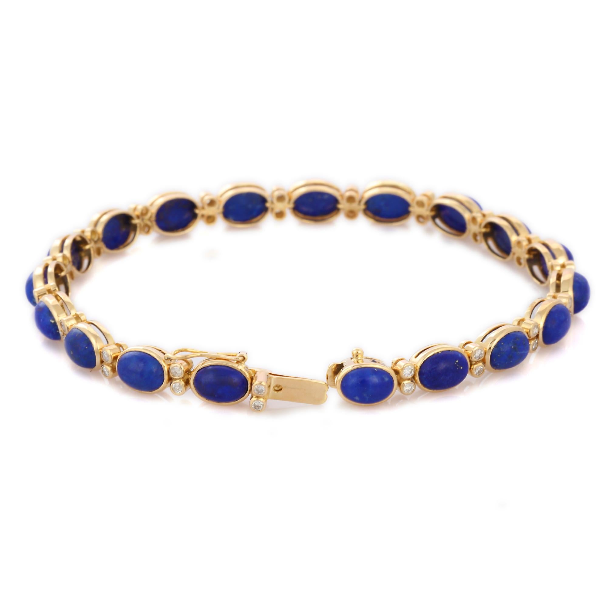 Oval Cut 17.45 Ct Lapis and Diamond Tennis Bracelet in 18K Yellow Gold In New Condition For Sale In Houston, TX