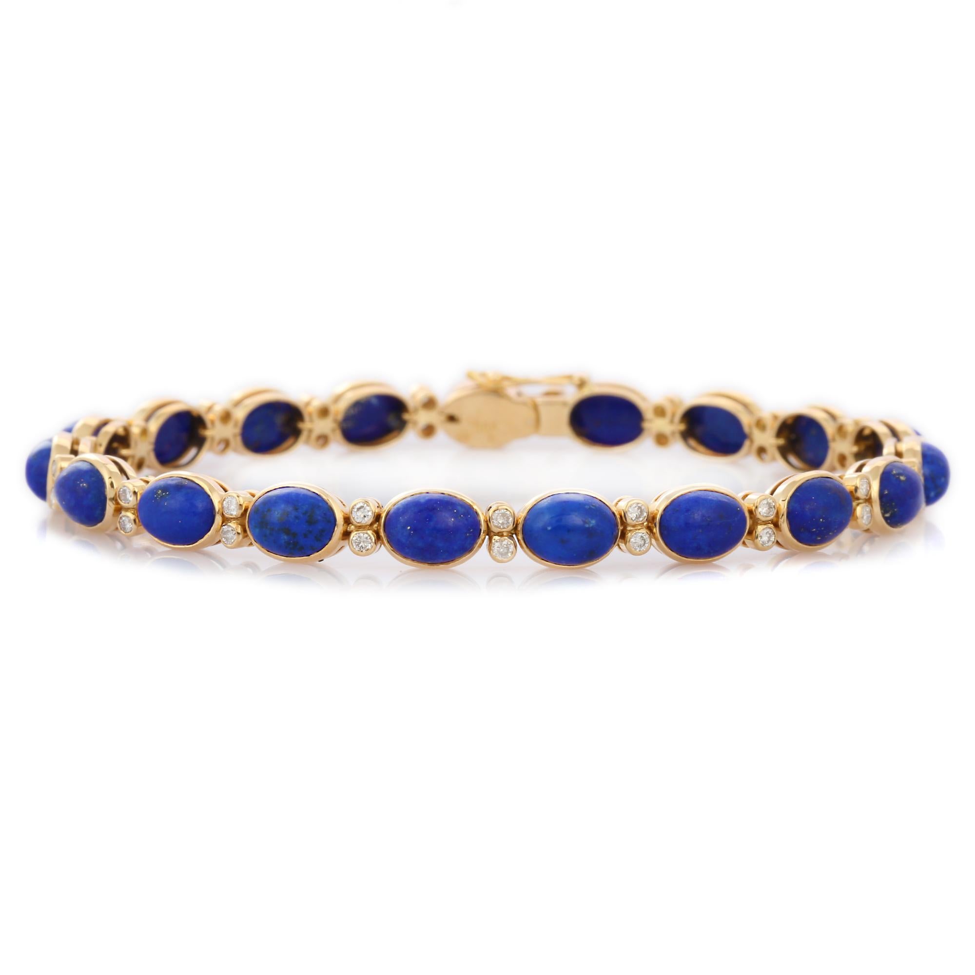 Women's Oval Cut 17.45 Ct Lapis and Diamond Tennis Bracelet in 18K Yellow Gold For Sale