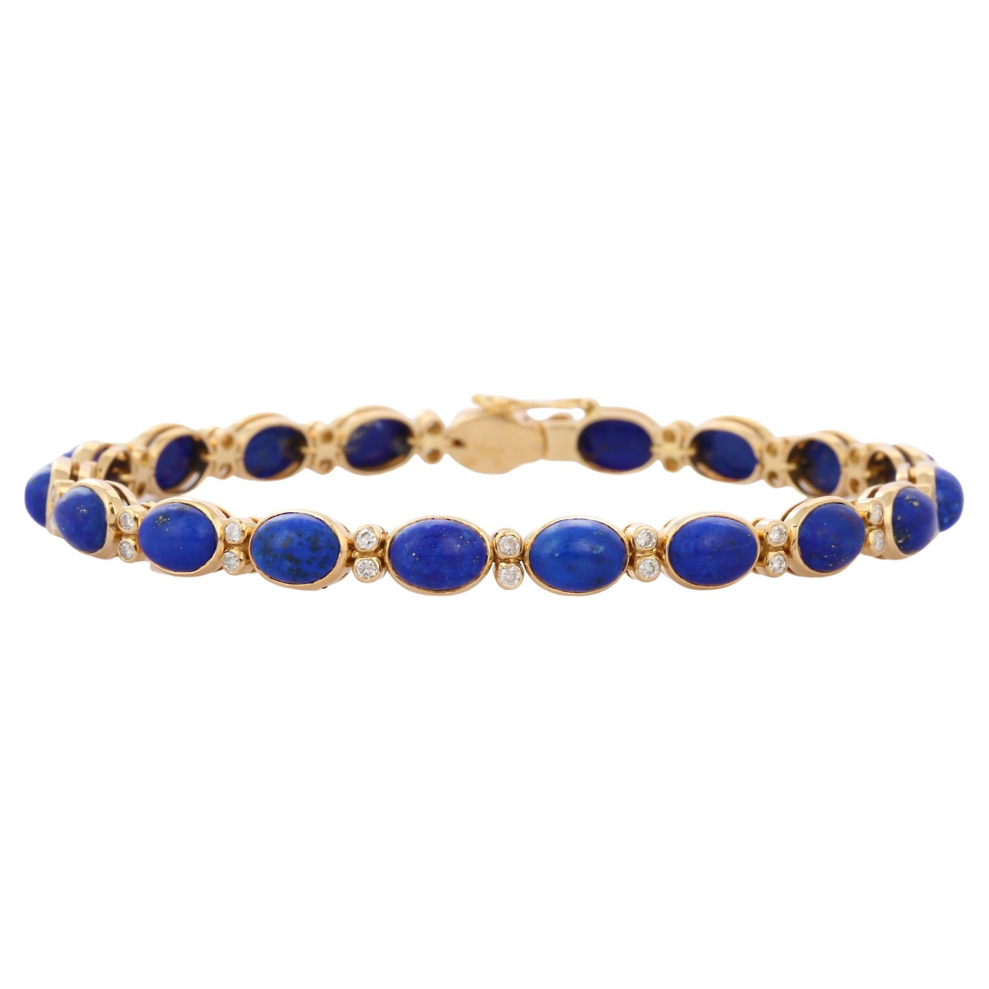 Oval Cut 17.45 Ct Lapis and Diamond Tennis Bracelet in 18K Yellow Gold For Sale