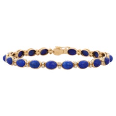 Oval Cut 17.45 Ct Lapis and Diamond Tennis Bracelet in 18K Yellow Gold