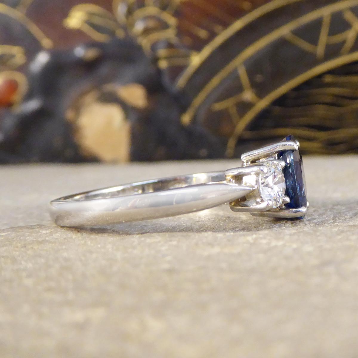 Modern Oval Cut 1.75ct Sapphire and Diamond Three Stone Ring in Platinum