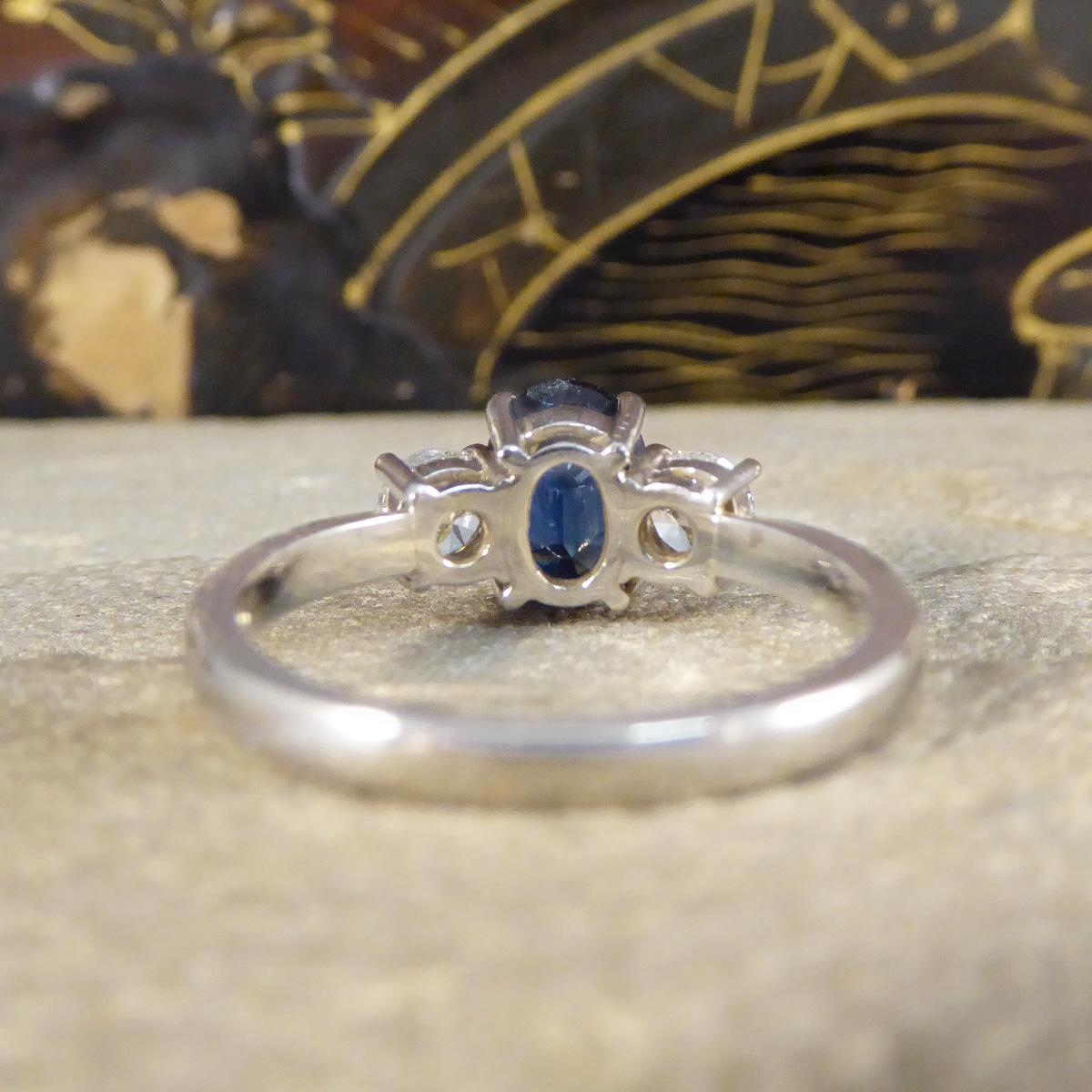 Oval Cut 1.75ct Sapphire and Diamond Three Stone Ring in Platinum In Excellent Condition In Yorkshire, West Yorkshire