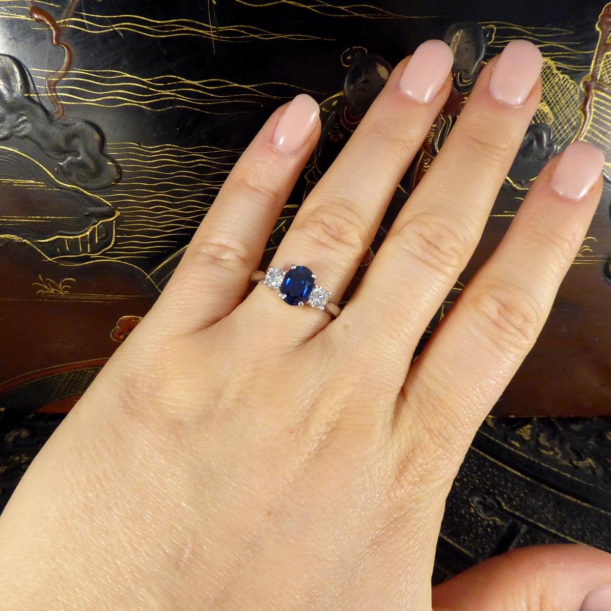 Oval Cut 1.75ct Sapphire and Diamond Three Stone Ring in Platinum 1