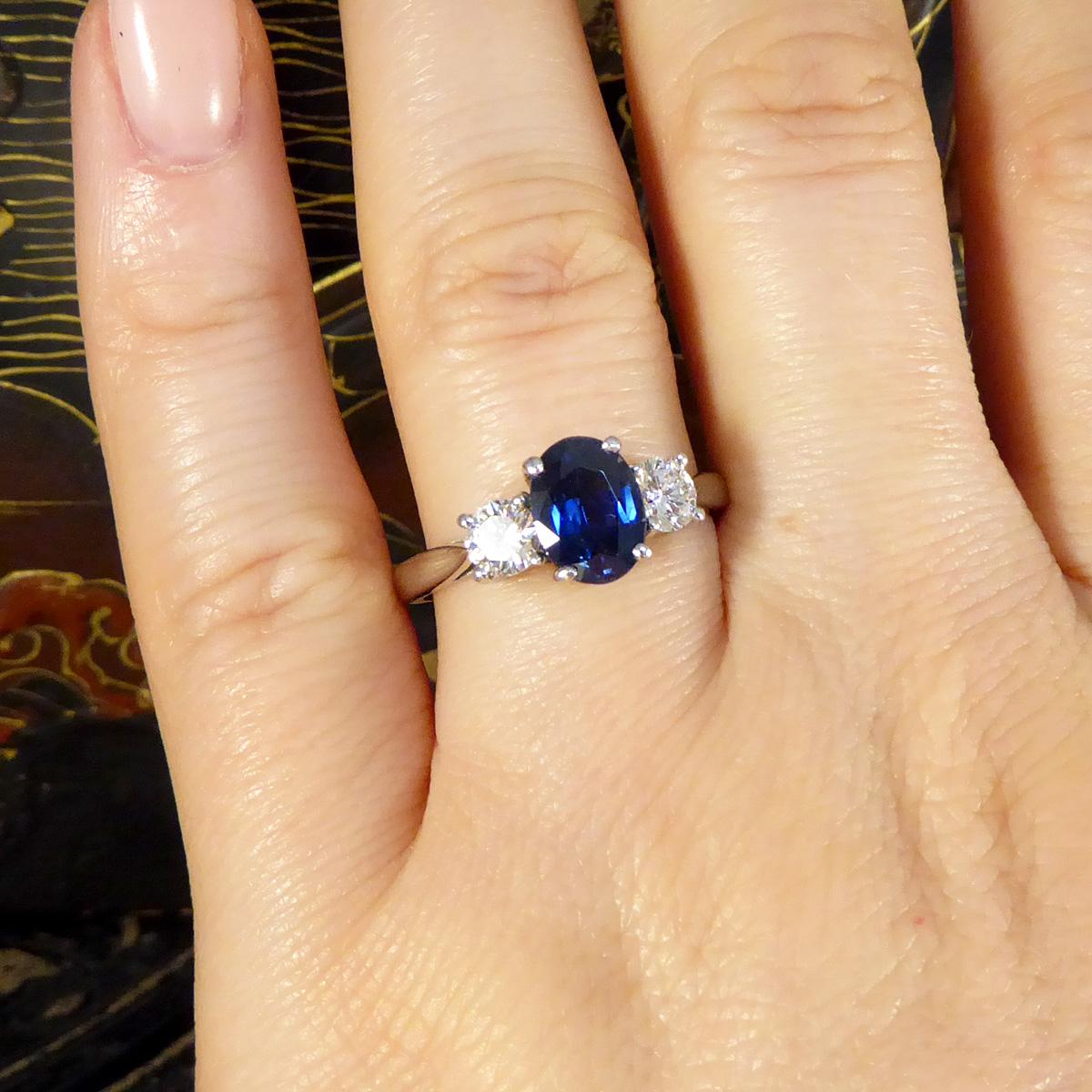Oval Cut 1.75ct Sapphire and Diamond Three Stone Ring in Platinum 4