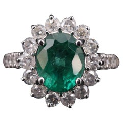 Oval Cut 18K Gold Antique Emerald Engagement Ring Halo Vintage Diamond Ring