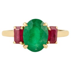 Oval Cut 2.1Ct Emerald & Ruby Three Stone Ring in 14K Yellow Gold Fine Jewelry