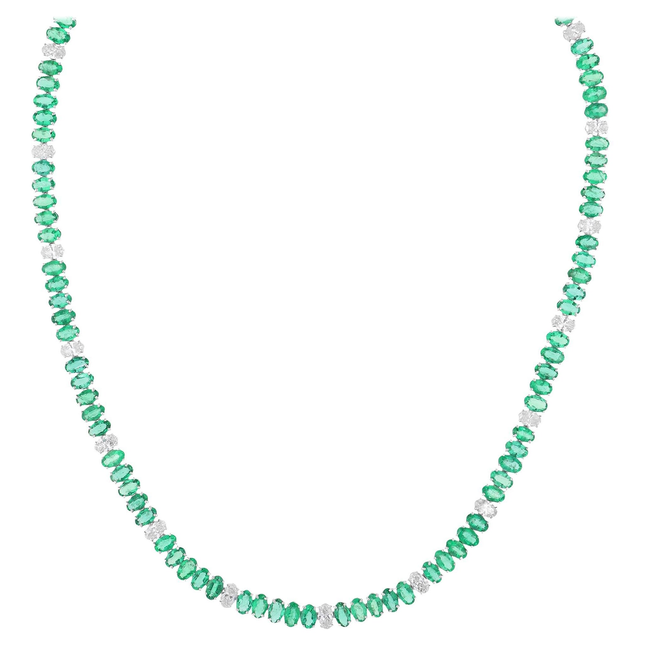 Collana di perline con smeraldo verde e diamanti taglio ovale da 24.84TCW Gioielli in oro bianco 18K