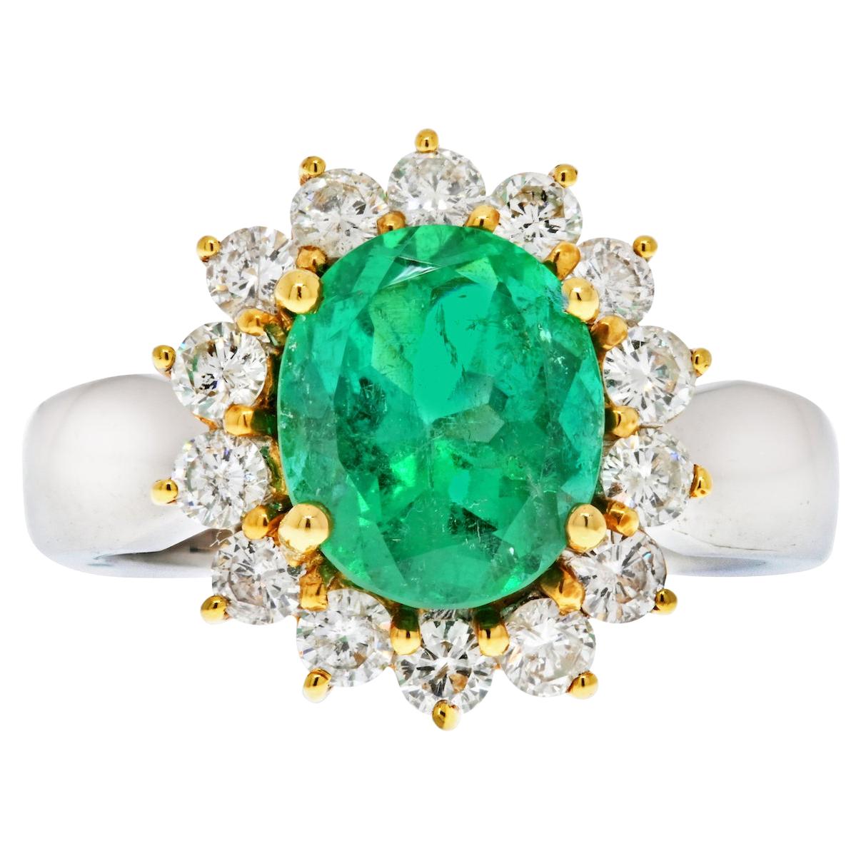 Oval Cut 3 Carat Colombian Emerald and Diamond Halo 18K White Gold Ring