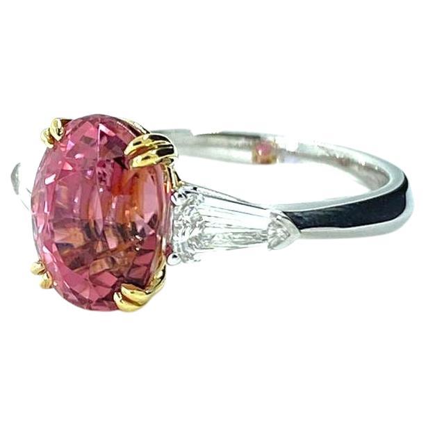 Women's Oval Cut 3.93Ct Pink Tourmaline Diamond Three-Stone Ring in 18 Karat Gold