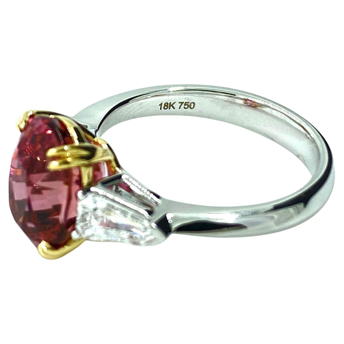 Oval Cut 3.93Ct Pink Tourmaline Diamond Three-Stone Ring in 18 Karat Gold 1