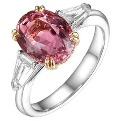 Oval Cut 3.93Ct Pink Tourmaline Diamond Three-Stone Ring in 18 Karat Gold