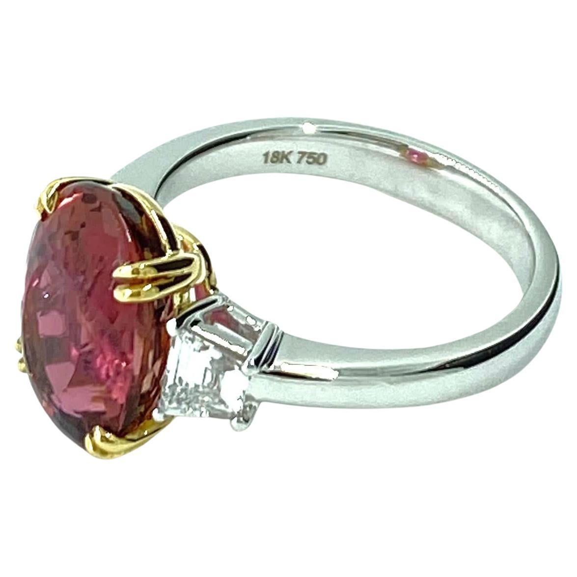Women's Oval Cut 4.29 Carat Pink Tourmaline Diamond Three-Stone Ring in 18 Karat Gold For Sale