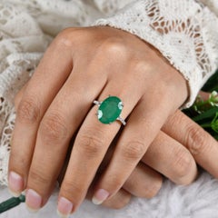 7.48 Ct Diamond & Oval Cut Zambian Emerald Solitaire Ring 14k White Gold Jewelry