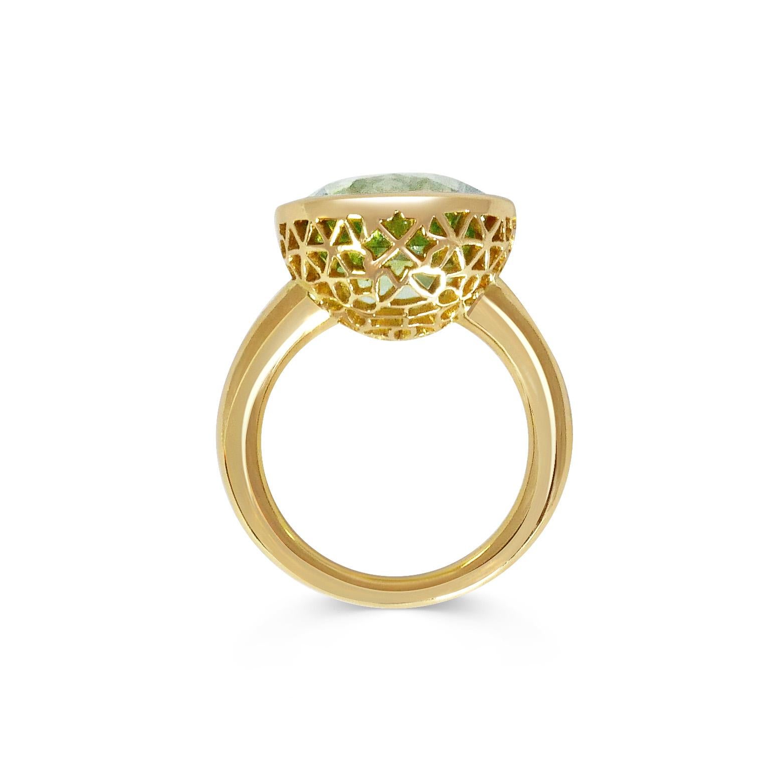 Handcrafted Oval Cut 9,75 Carats Green Tourmaline 18 Karat Yellow Gold Cocktail Ring . Our expert craftsmen hand pierce our iconic gold lace to fit each stone on a tapered band making each ring One of a Kind. This unique technique, inspired by our