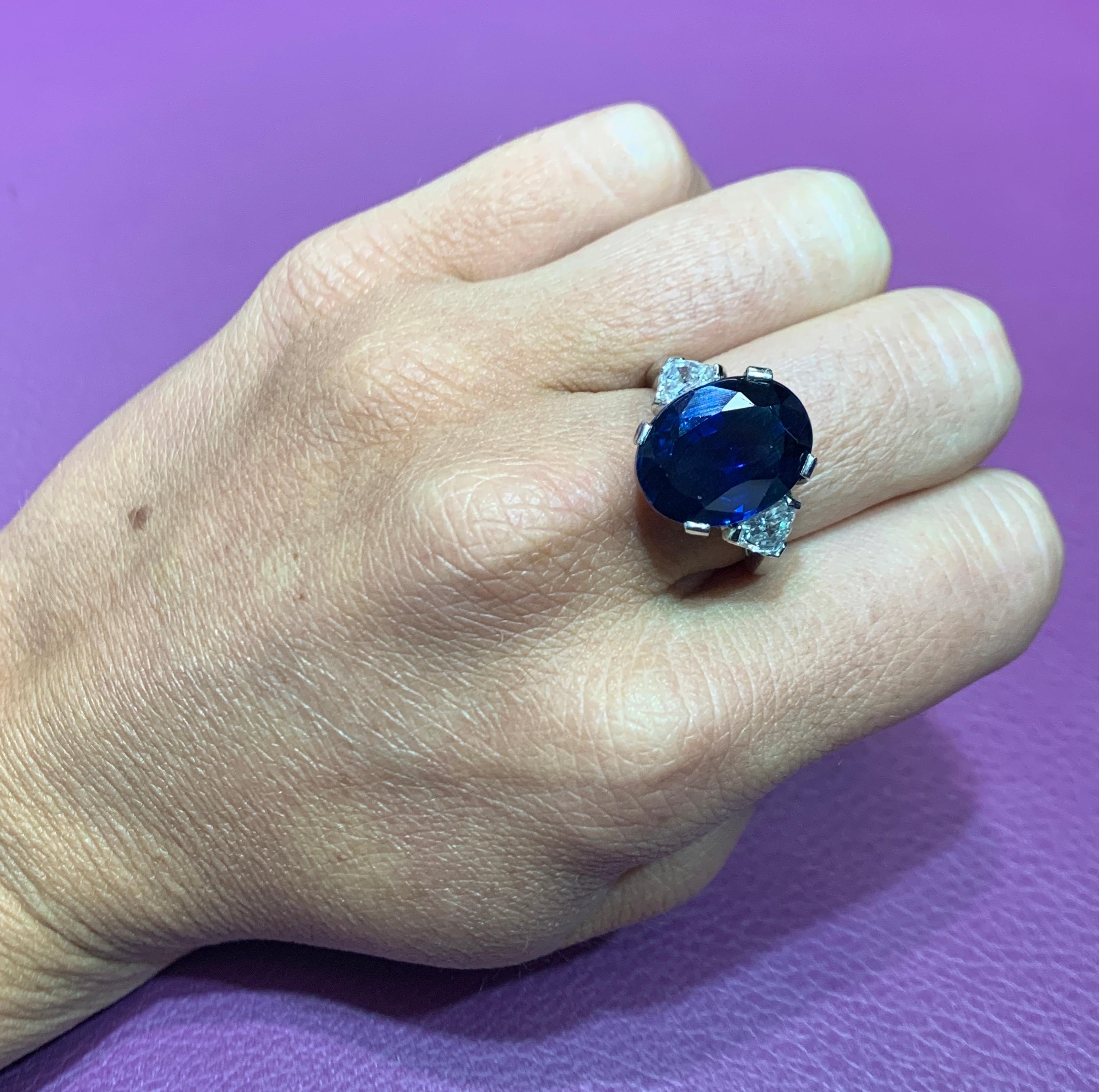 Oval Cut AGL Certified Sapphire & Diamond Three Stone Ring In Excellent Condition For Sale In New York, NY