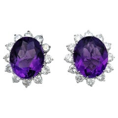 Oval Cut Amethyst and Diamond Halo Stud Earrings in 14 Karat White Gold