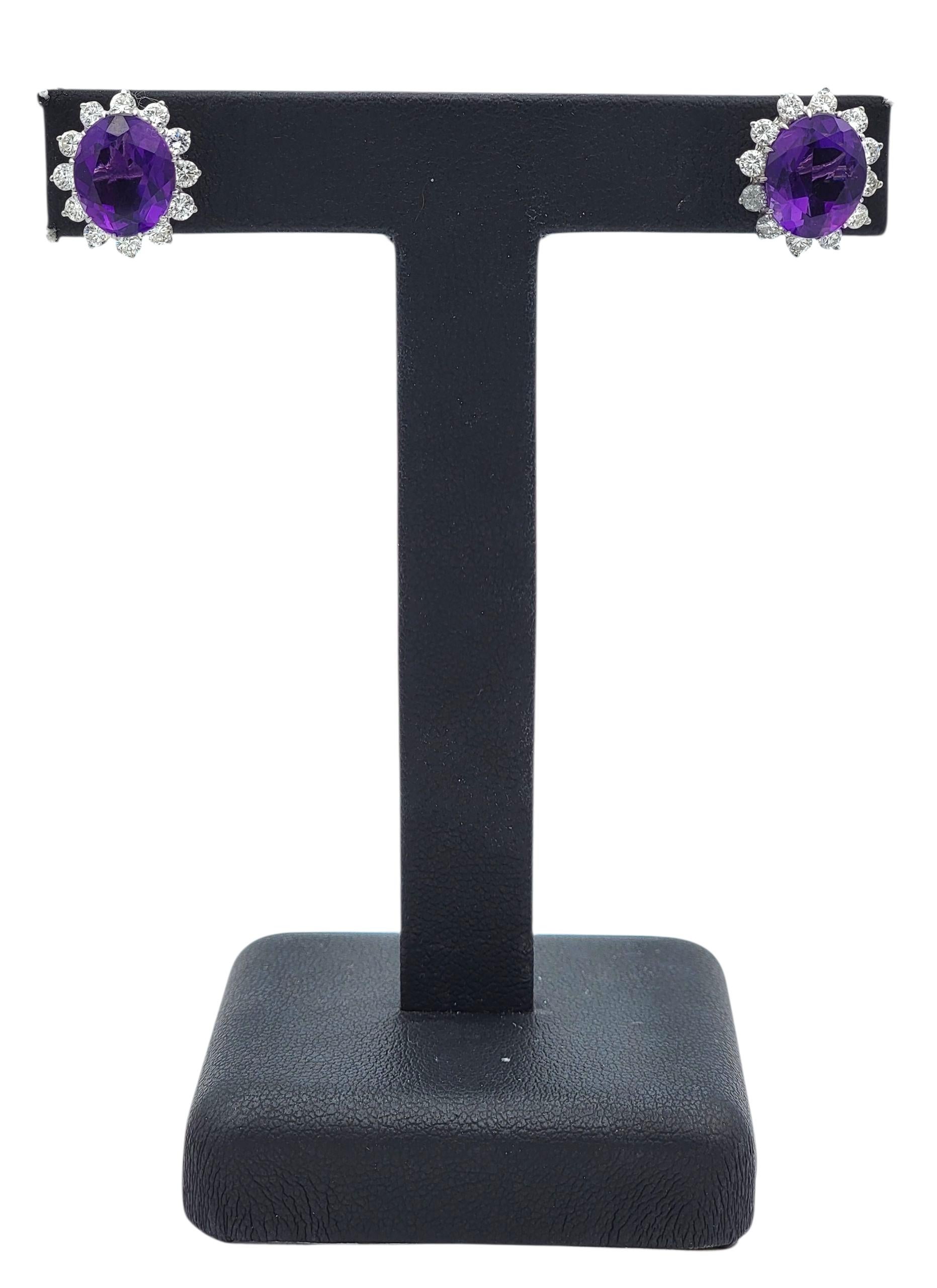 Boucles d'oreilles halo en or blanc 14 carats avec améthyste et diamant de taille ovale en vente 2