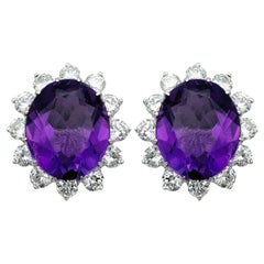 Boucles d'oreilles halo en or blanc 14 carats avec améthyste et diamant de taille ovale