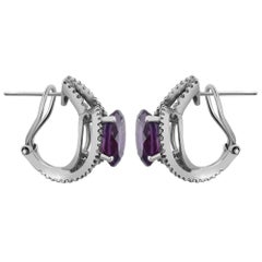 Oval Cut Amethyst and Diamond Huggie Earrings 14K White Gold