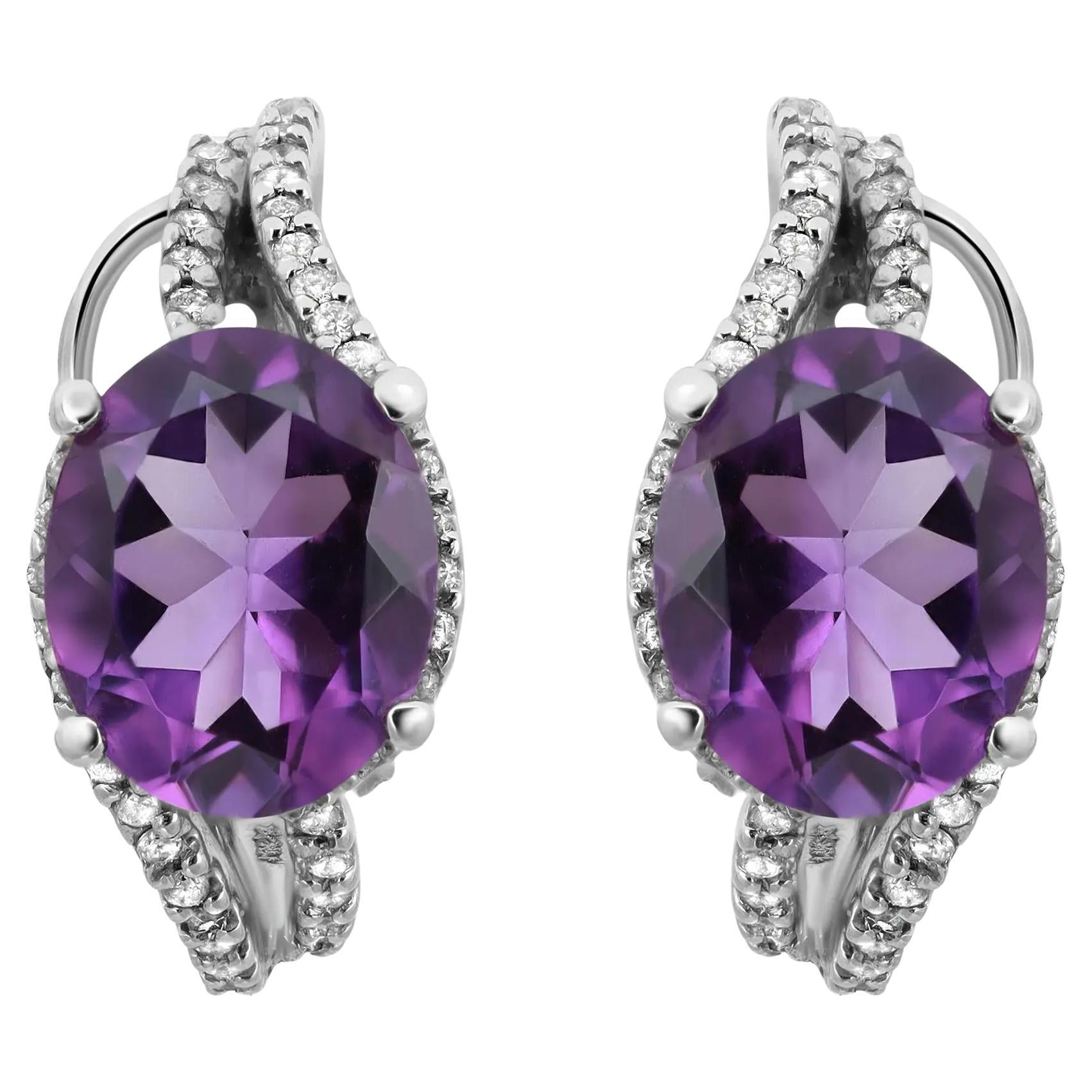 Oval Cut Amethyst and Diamond Huggie Earrings 14K White Gold