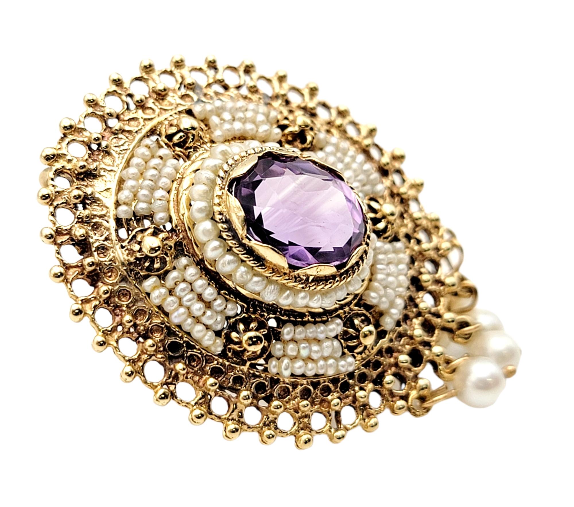 Victorian Oval Cut Amethyst and Seed and Akoya Pearl 14 Karat Yellow Gold Brooch/Pendant For Sale