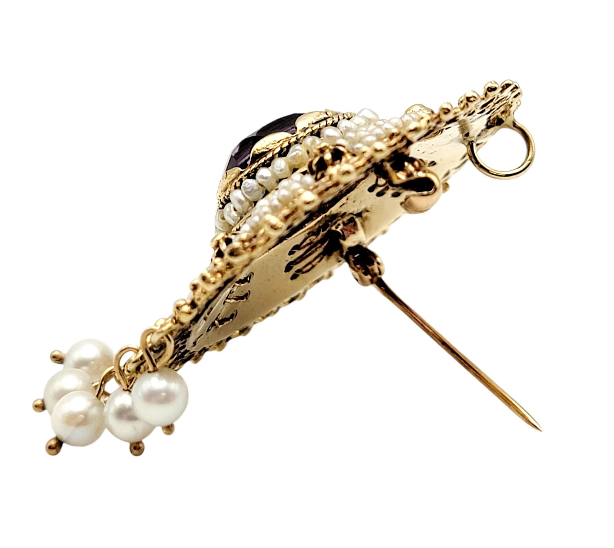 Broche/pendentif en or jaune 14 carats avec améthyste taille ovale, graines et perles d' Akoya Pour femmes en vente
