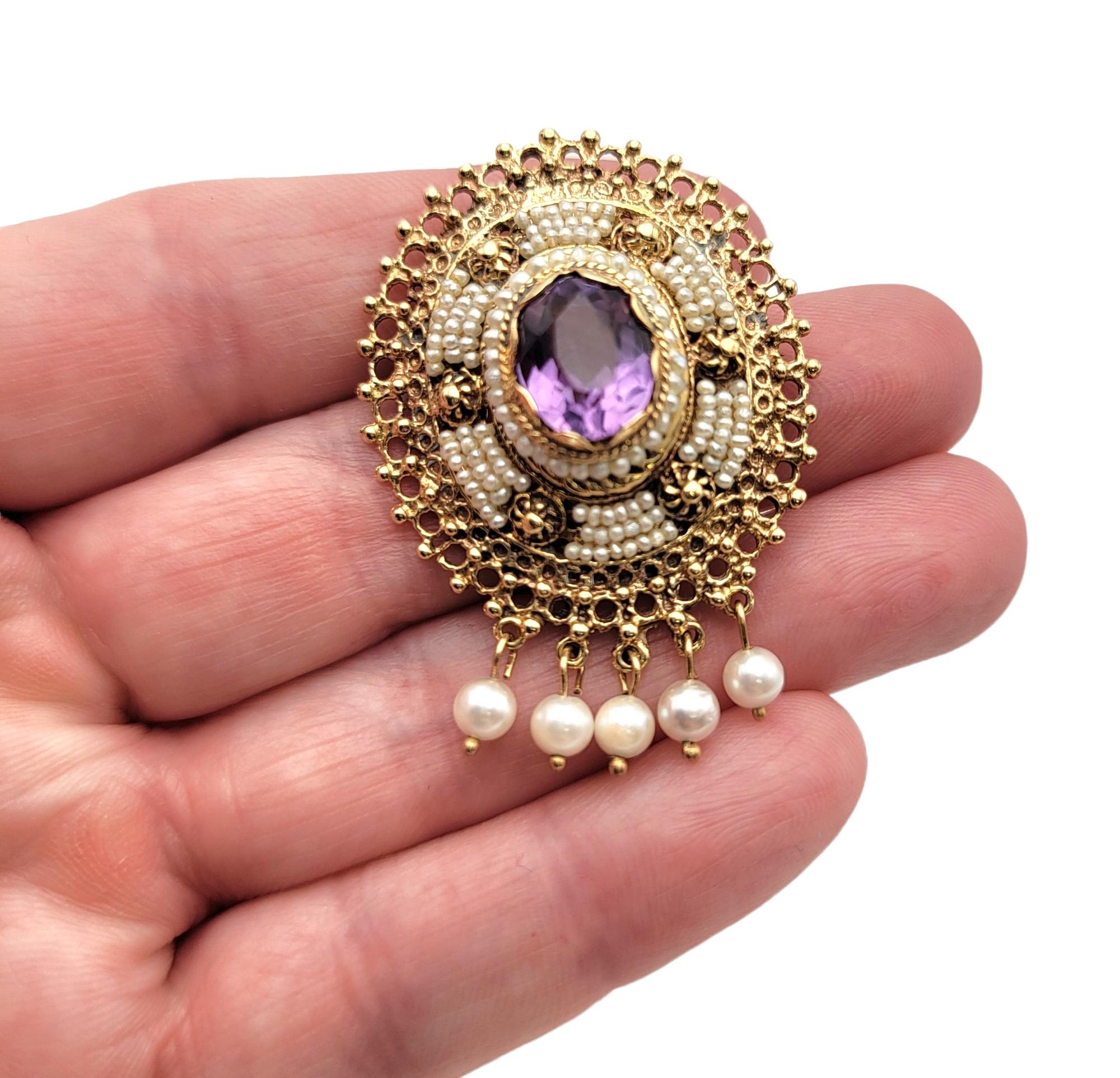 Oval Cut Amethyst and Seed and Akoya Pearl 14 Karat Yellow Gold Brooch/Pendant For Sale 2