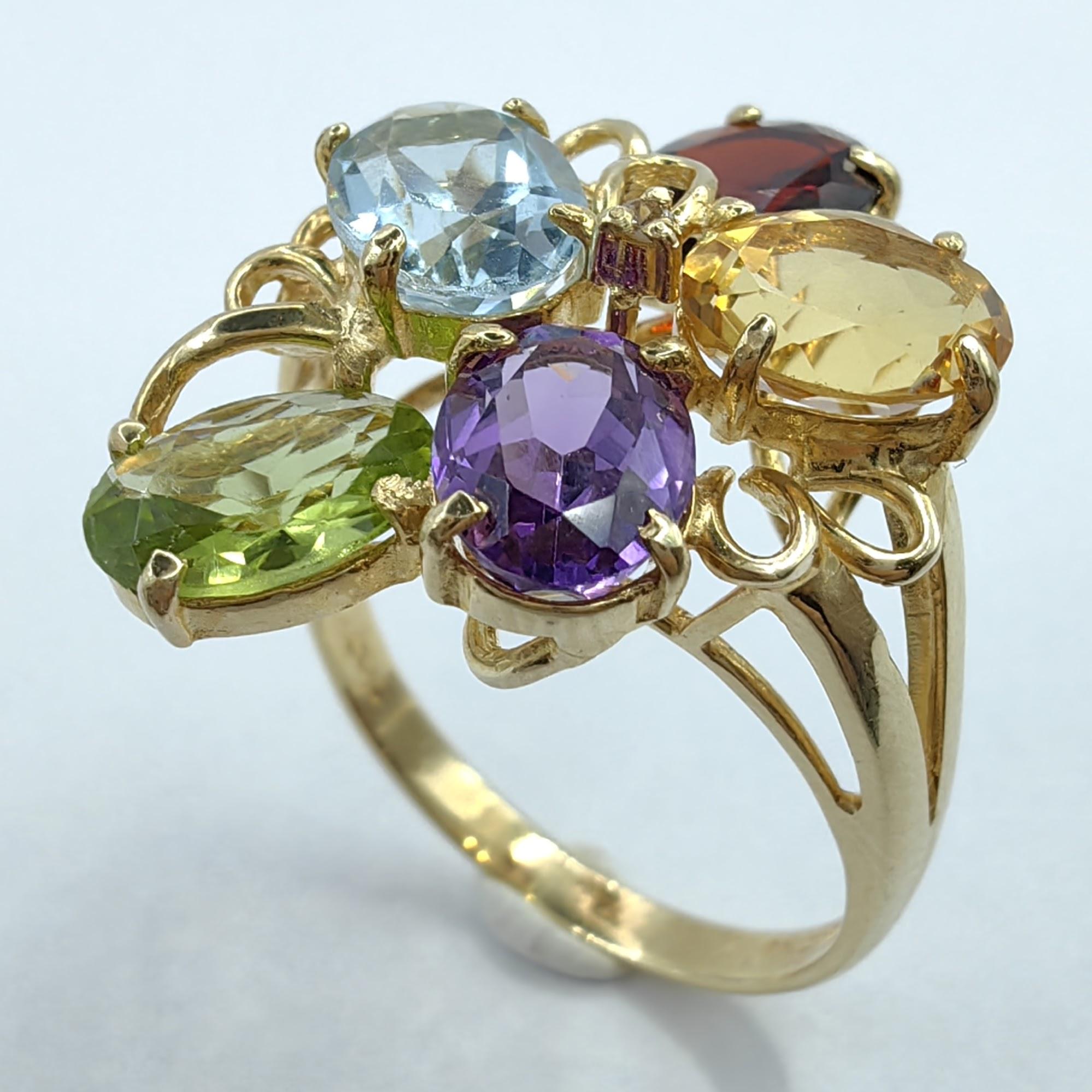 Introducing our vibrant Oval-cut Amethyst, Citrine, Garnet, Peridot, and Topaz Ring in 14K Yellow Gold. This playful and colorful ring showcases a delightful combination of oval-cut gemstones in various captivating hues, creating a visually