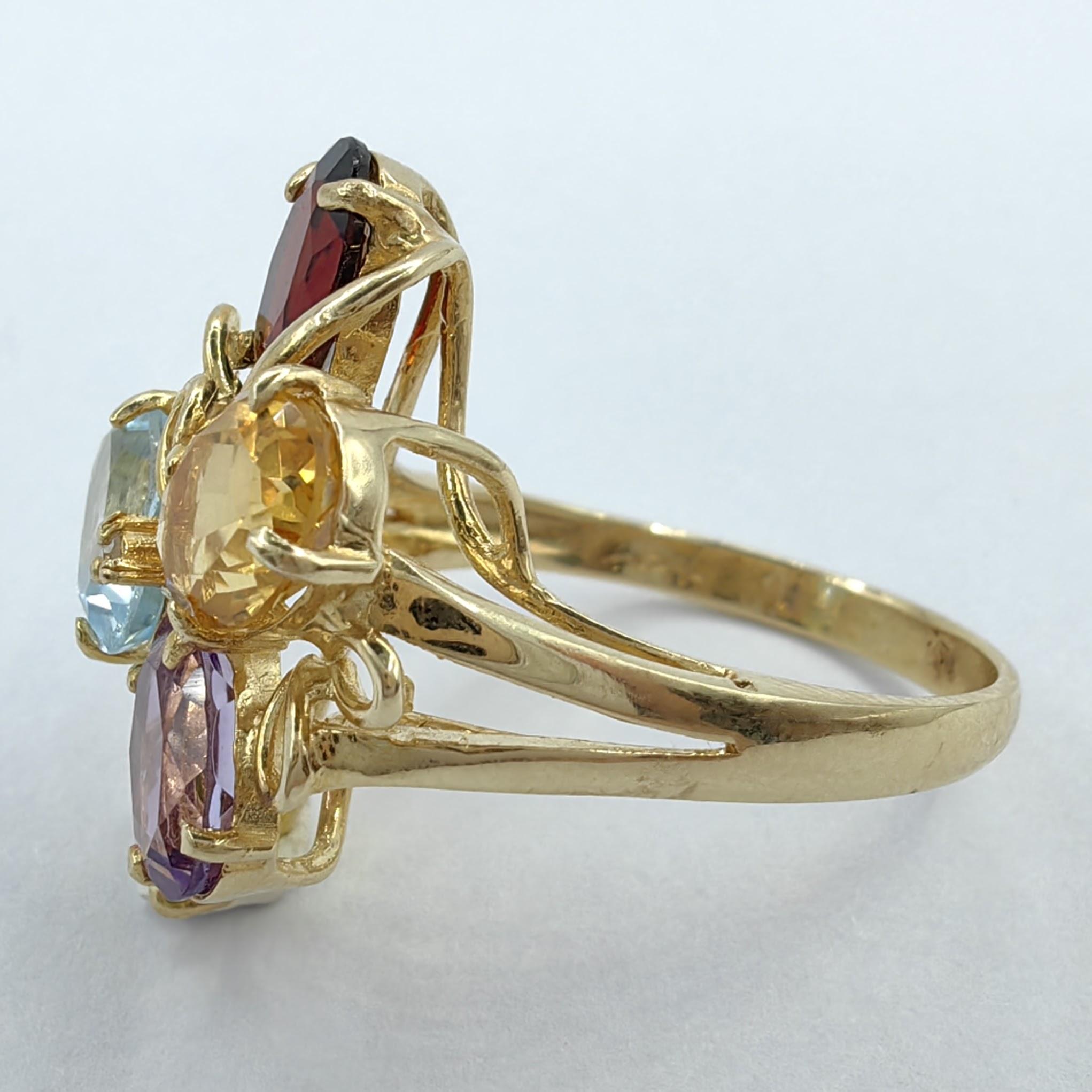 Contemporary Oval-Cut Amethyst, Citrine, Garnet, Peridot, Topaz Ring in 14k Yellow Gold For Sale