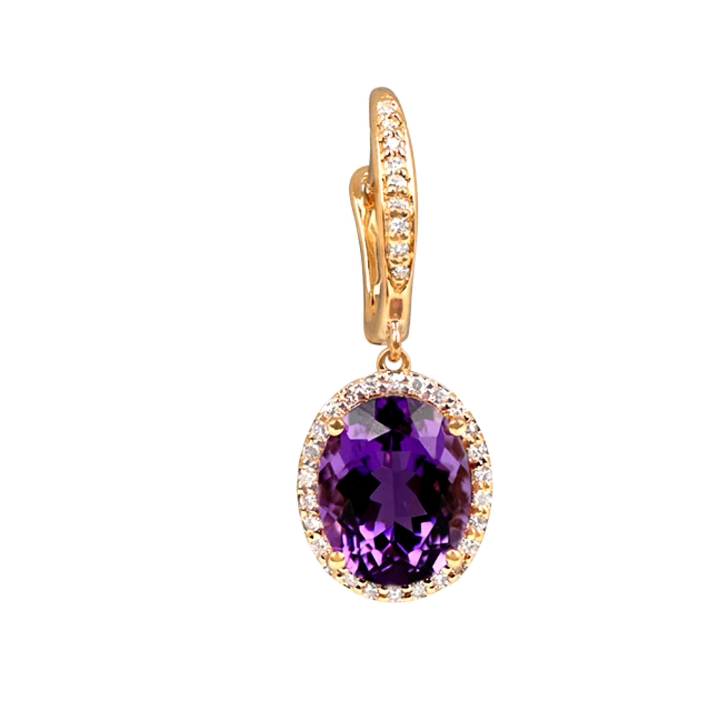 Enhance your elegance with these captivating gemstone drop earrings. Handcrafted in 14k yellow gold, they feature two mesmerizing oval-cut amethysts set in prongs. Each amethyst is embraced by a halo of prong-set single-cut diamonds, adding a touch